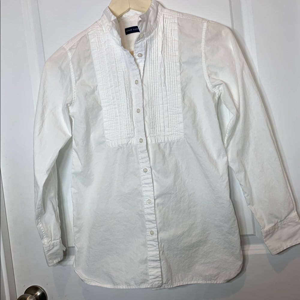 Ralph Lauren Pleated Front White Long Sleeves Top